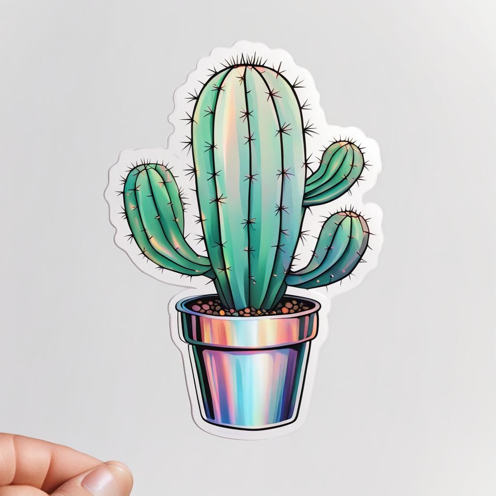 Holographic Cactus Plant Sticker on White