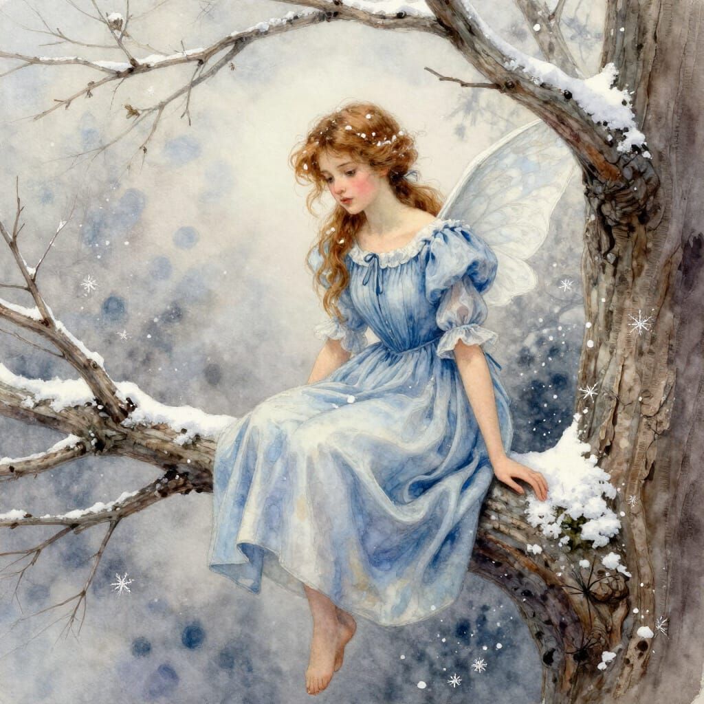 Whimsical Winter Fairy in Blue Dress, Watercolour Style