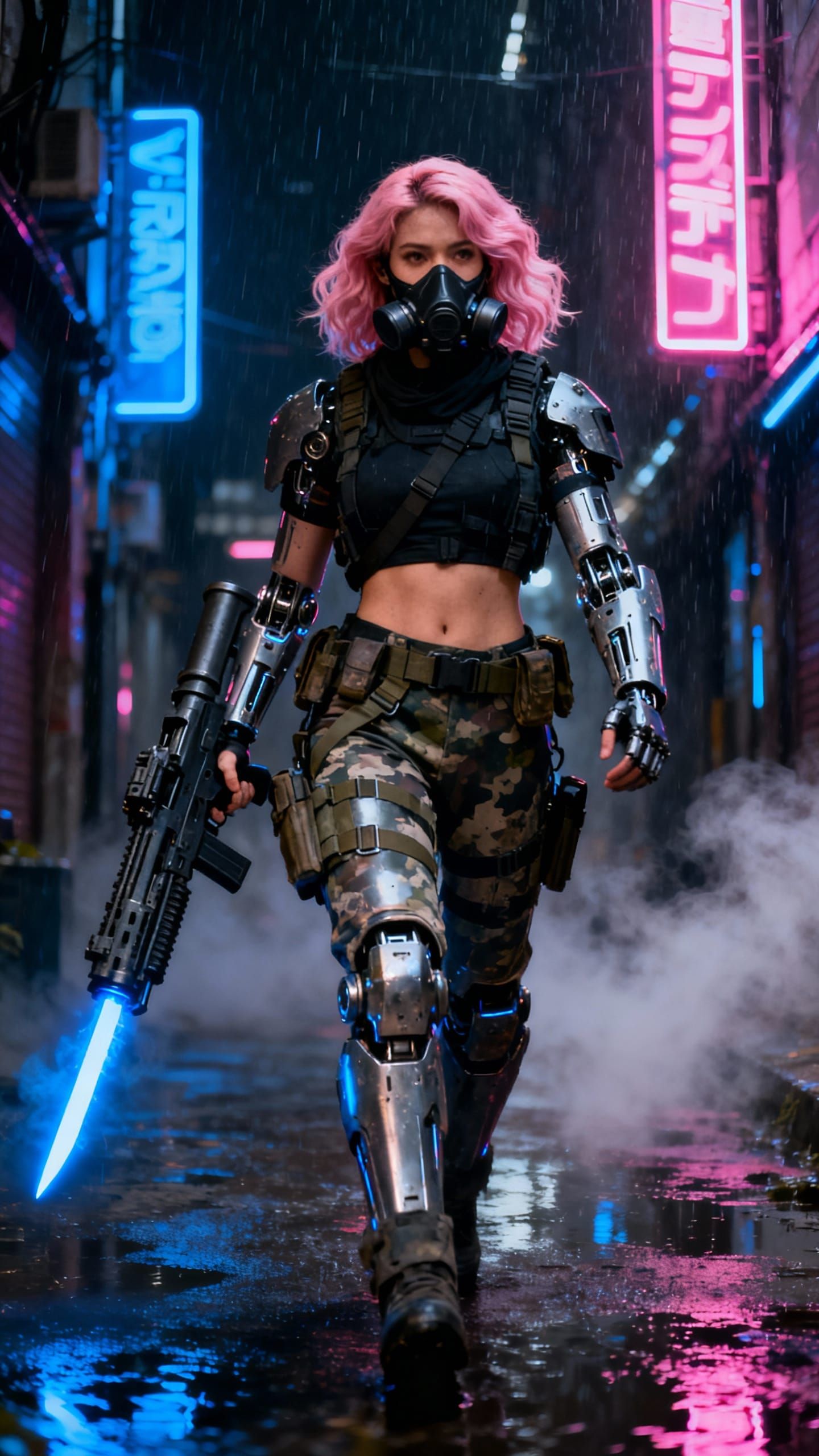 Cyberpunk Soldier with Pink Hair and Energy Blade