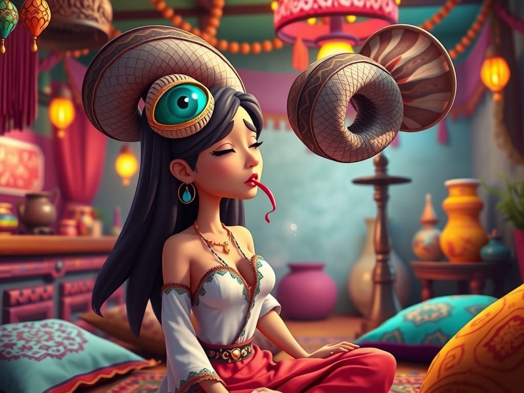 Woman Hypnotized by Snake in Cartoon 3D Art