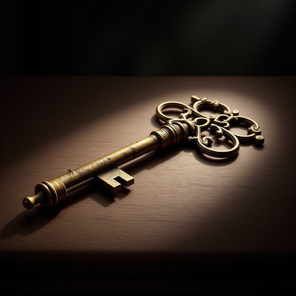 Ornate Brass Key on Wooden Table