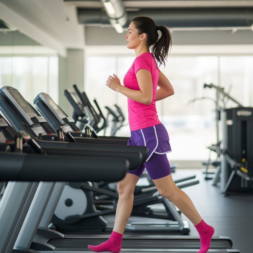 Woman Running on Treadmill in Bright Gym
