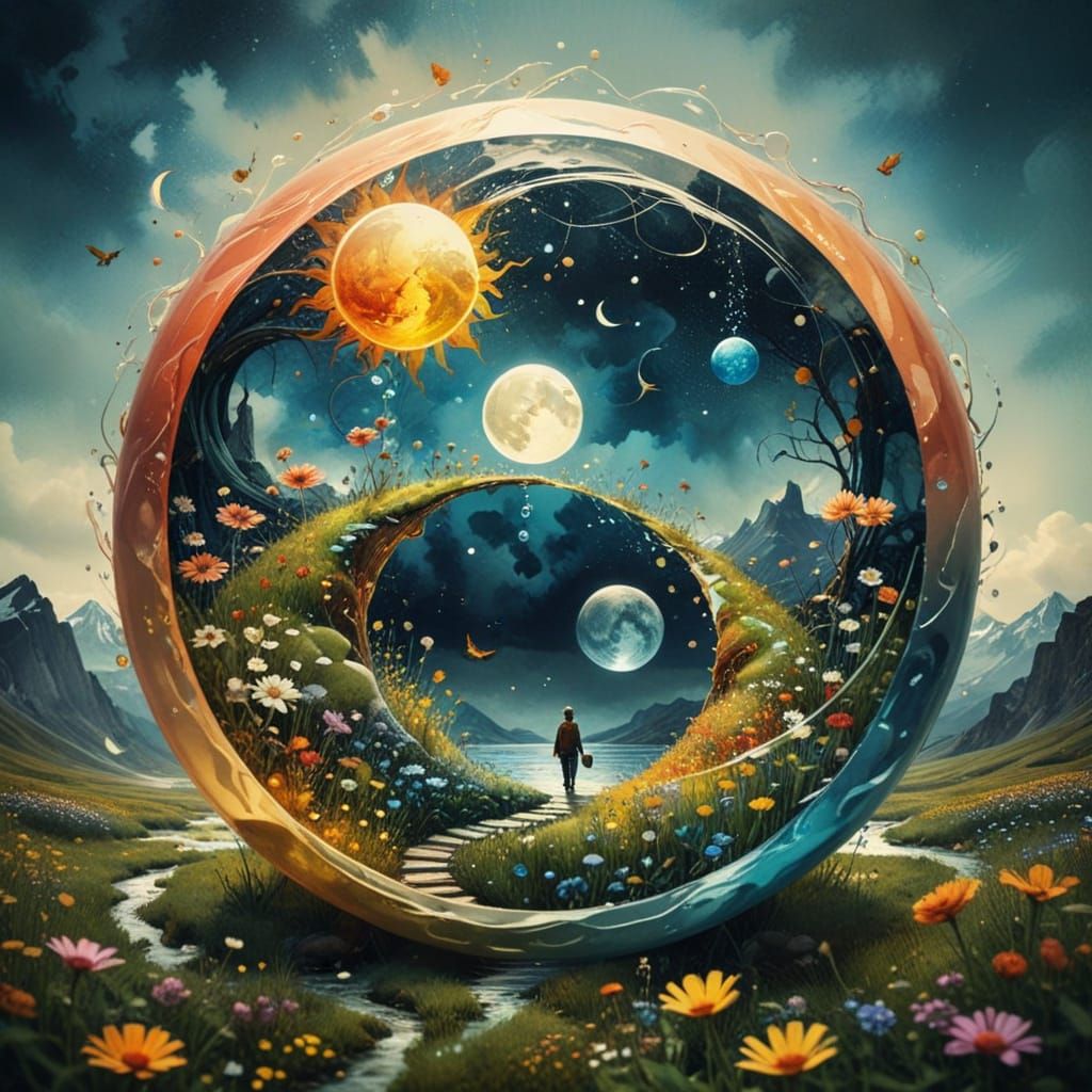 Dreamlike Mountain Portal with Wildflowers and Melting Hourg...