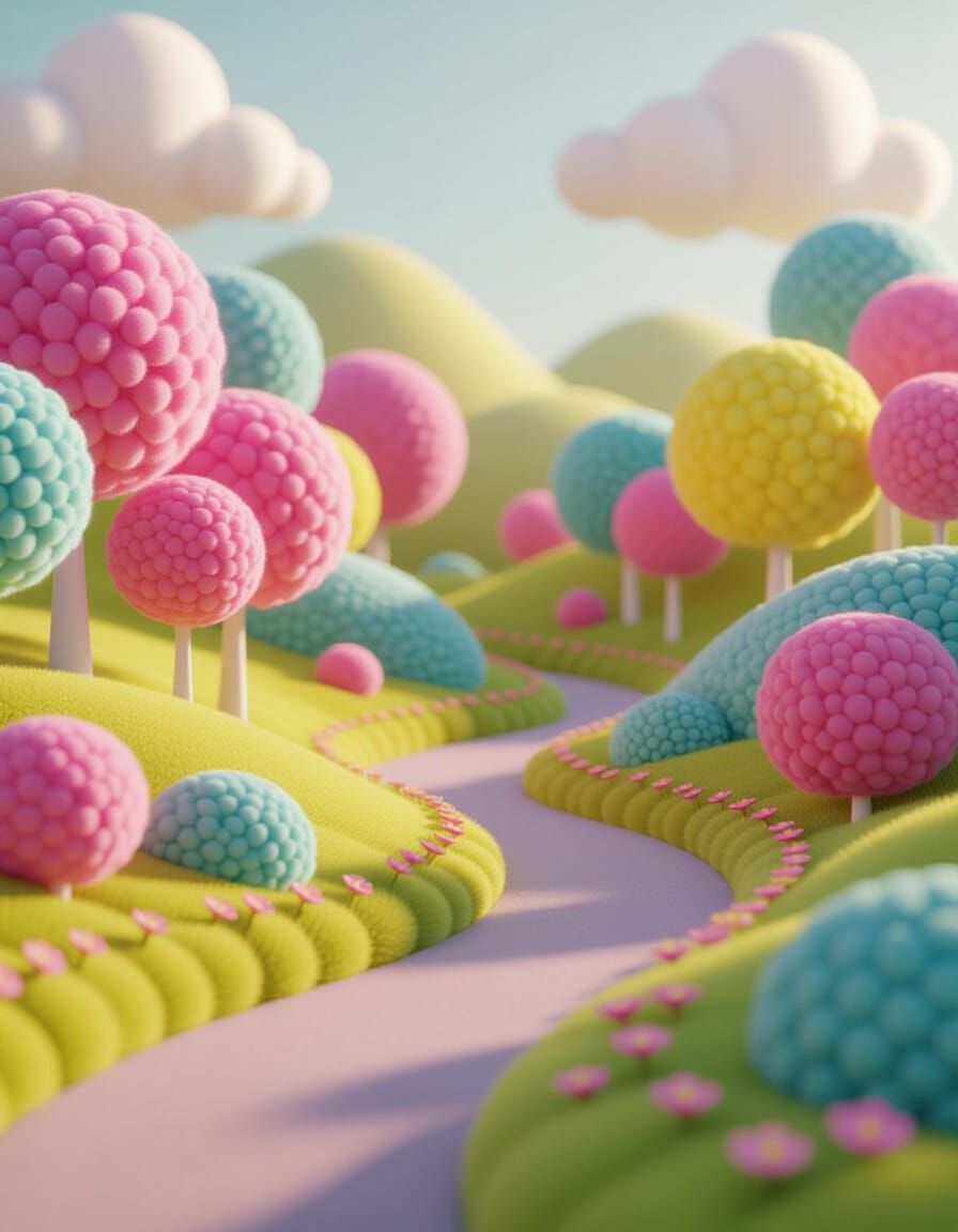 Whimsical Fabric Landscape with Neon Wool Trees