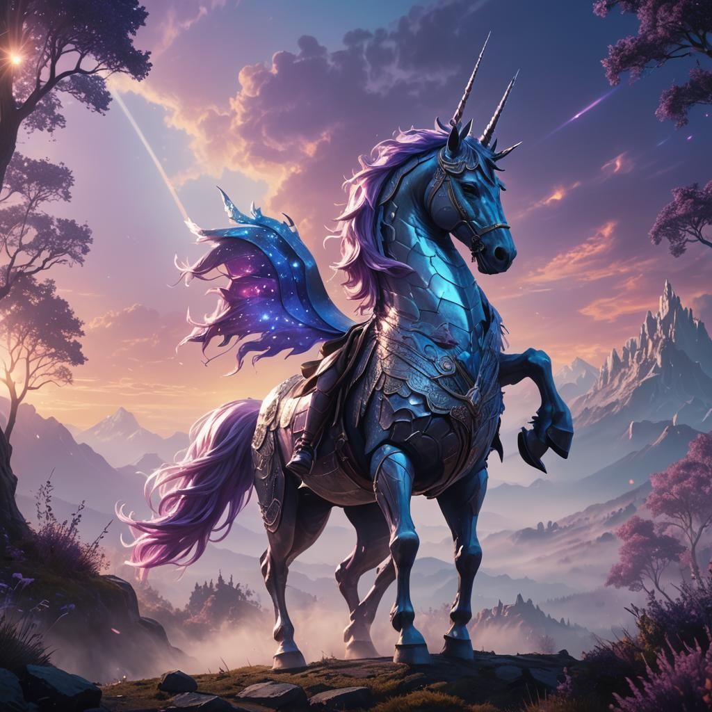 Armored Unicorn and Seeker in Dreamlike Landscape
