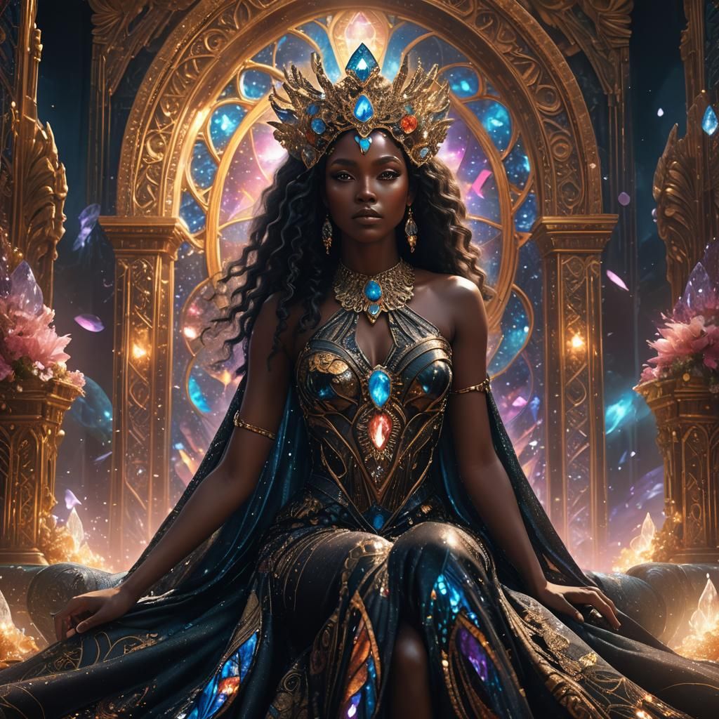 Black Goddess on Crystal Throne in Surrealist Style
