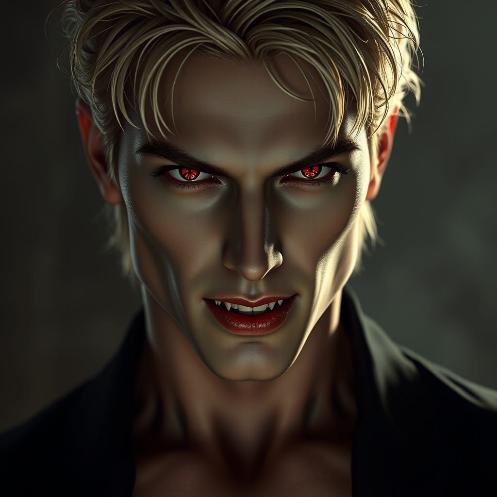 Ethereal Vampire Idol with Piercing Red Eyes and Chiseled Fe...