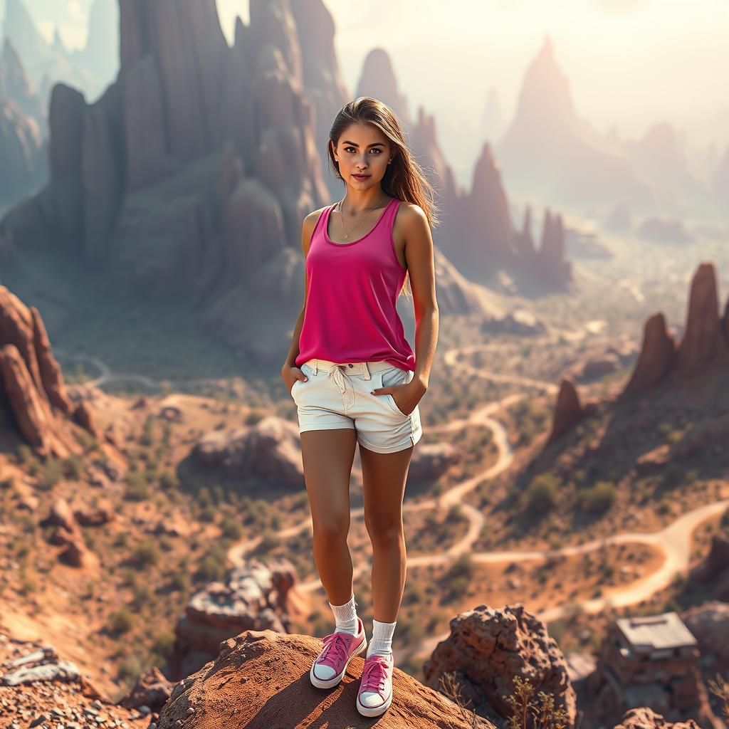 Brunette Woman in Pink Outfit in Alien Landscape