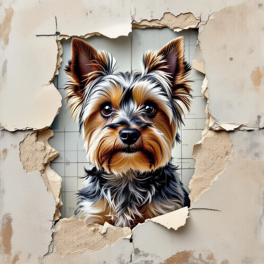 Fragmented Yorkie Portrait in Textured Collage Style