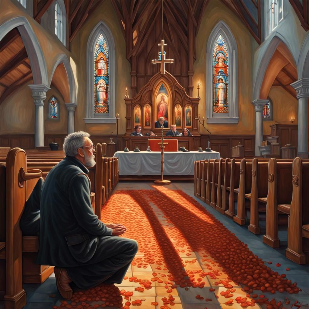 Hyperrealistic Church Interior with Praying Figure