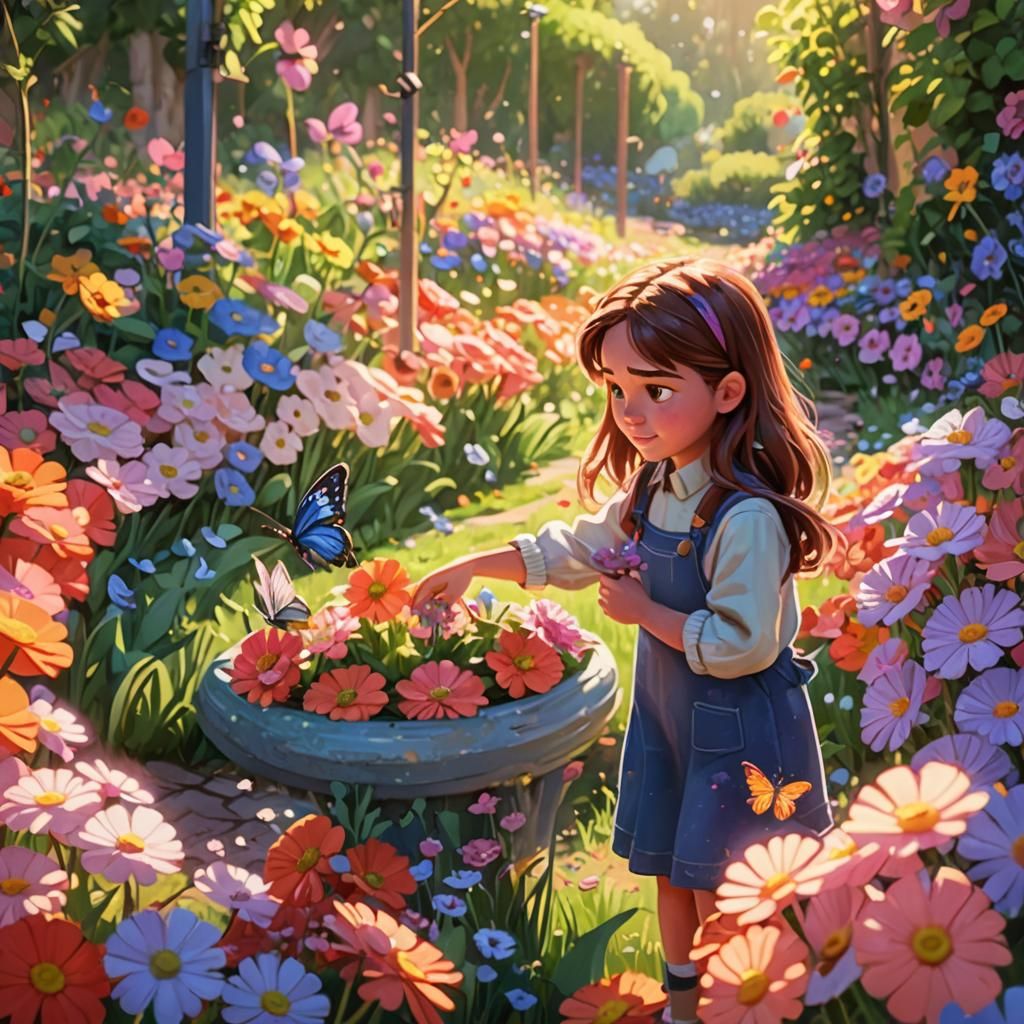 Young Girl in Flower Garden: Pixar-Inspired Art