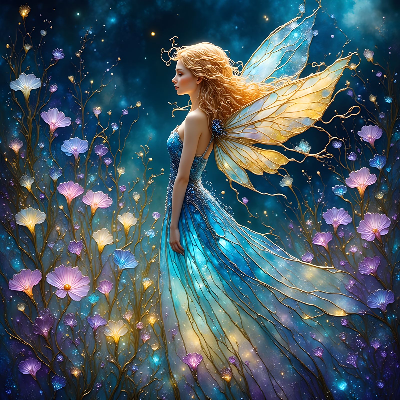 Beautiful Fairy in Bioluminescent Flower Field, Alcohol Ink ...