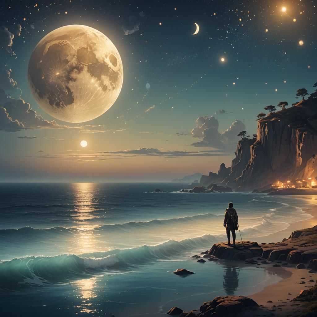 Explorer at Sea Under Golden Moon: Fantasy Art
