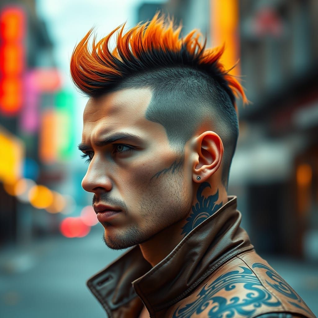 Detailed Photorealistic Portrait: Retro-Futuristic Mohawk Ma...