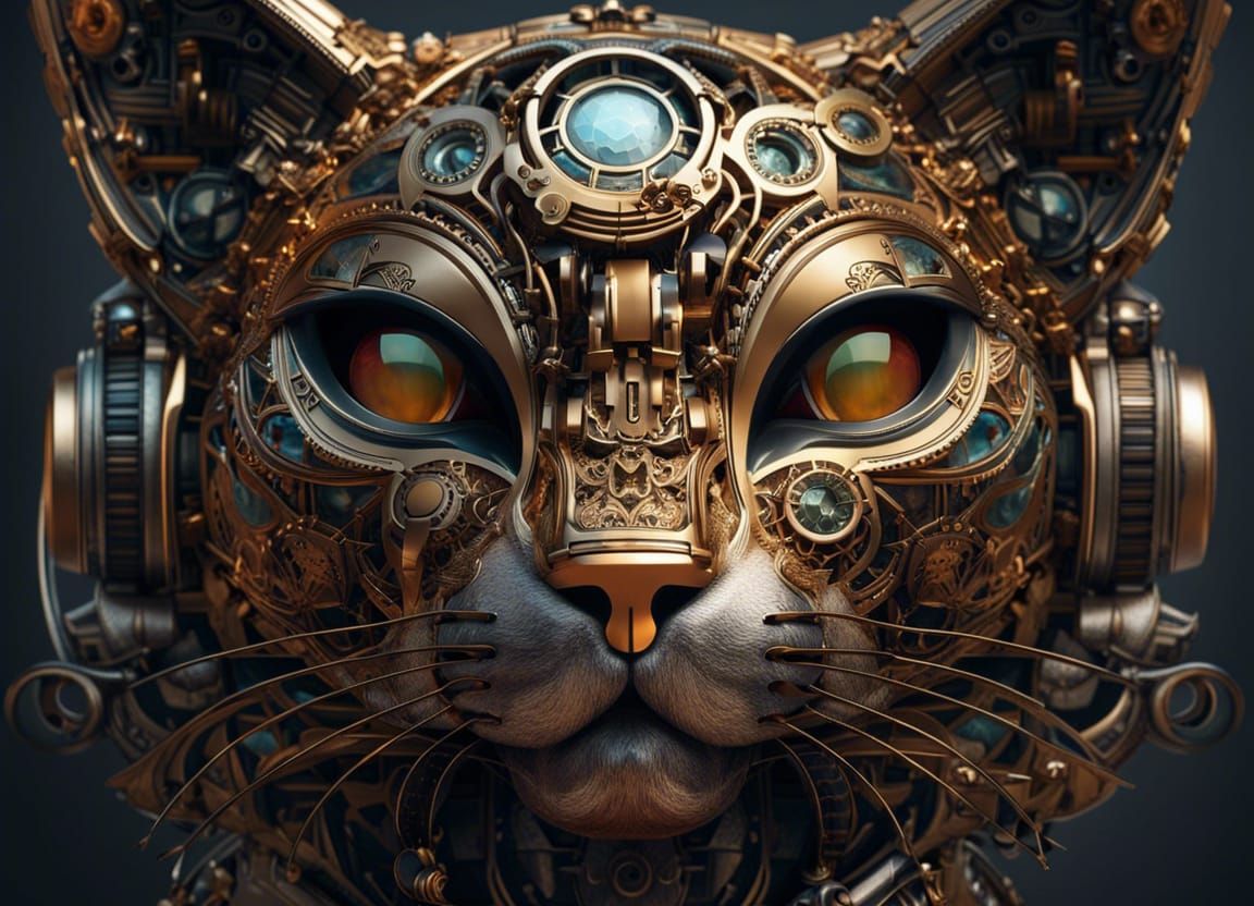 Ornate Mechanical Robot Cat in Sci-Fi Style