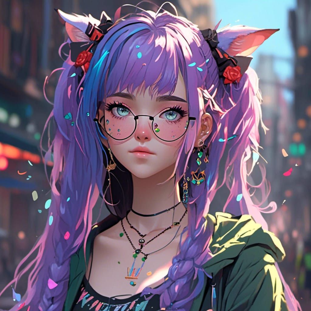 Anime Girl with Purple and Green Hair