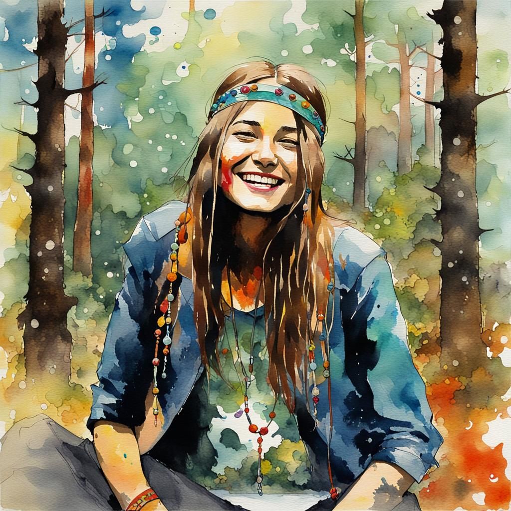 Groovy Hippie Girl in Forest, Watercolor Style