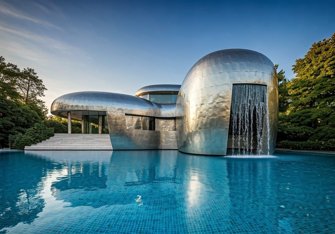 Futuristic Silver Villa with Pool and Waterfall