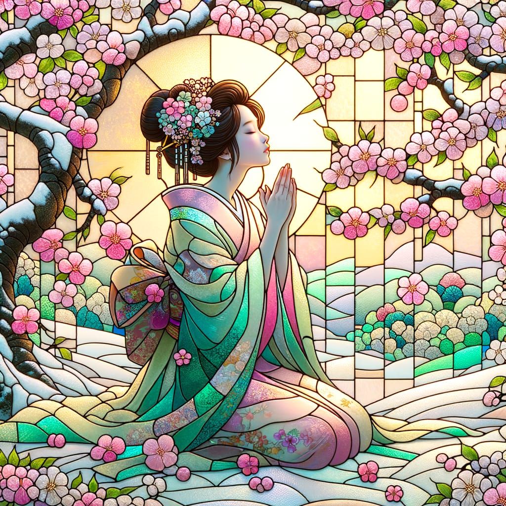 Japanese Courtesan in Stained Glass with Cherry Blossoms