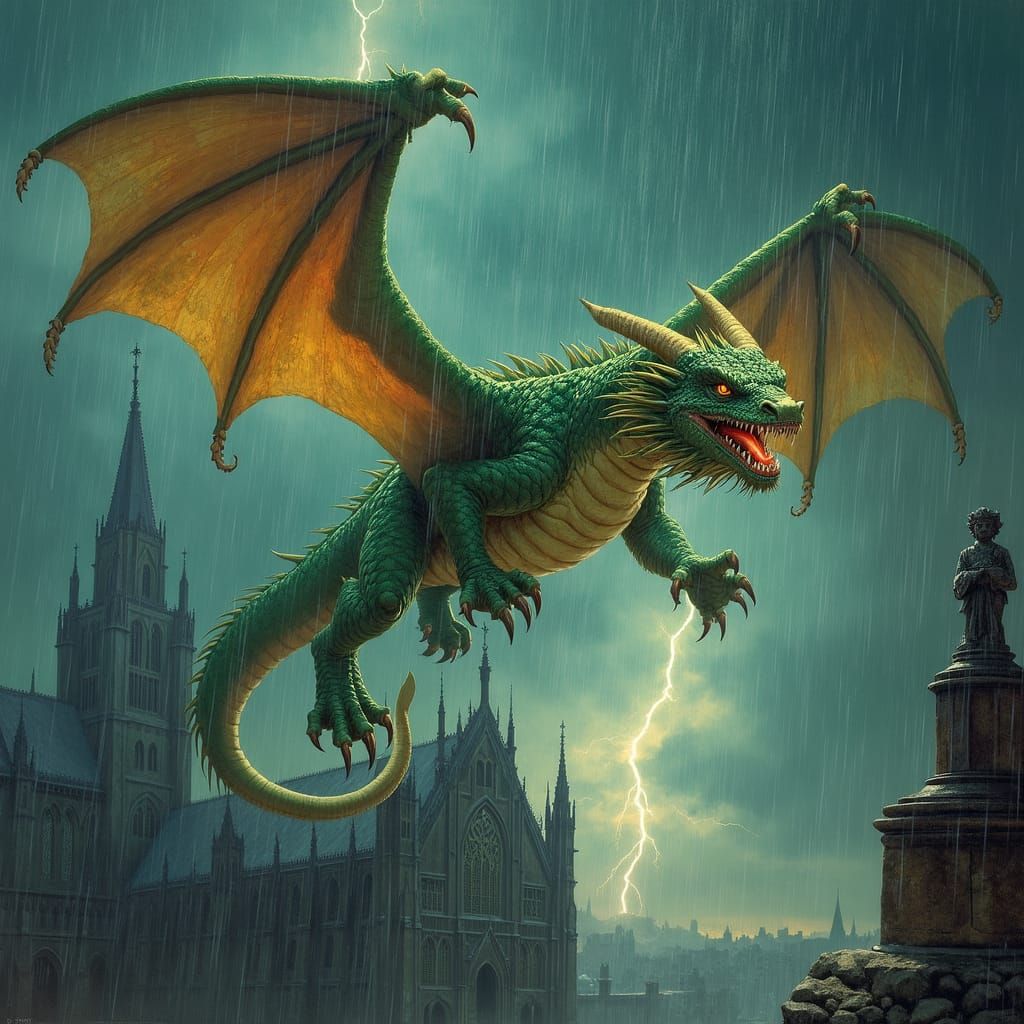 Dragon Soaring Over Cathedral in Dramatic Fantasy Art