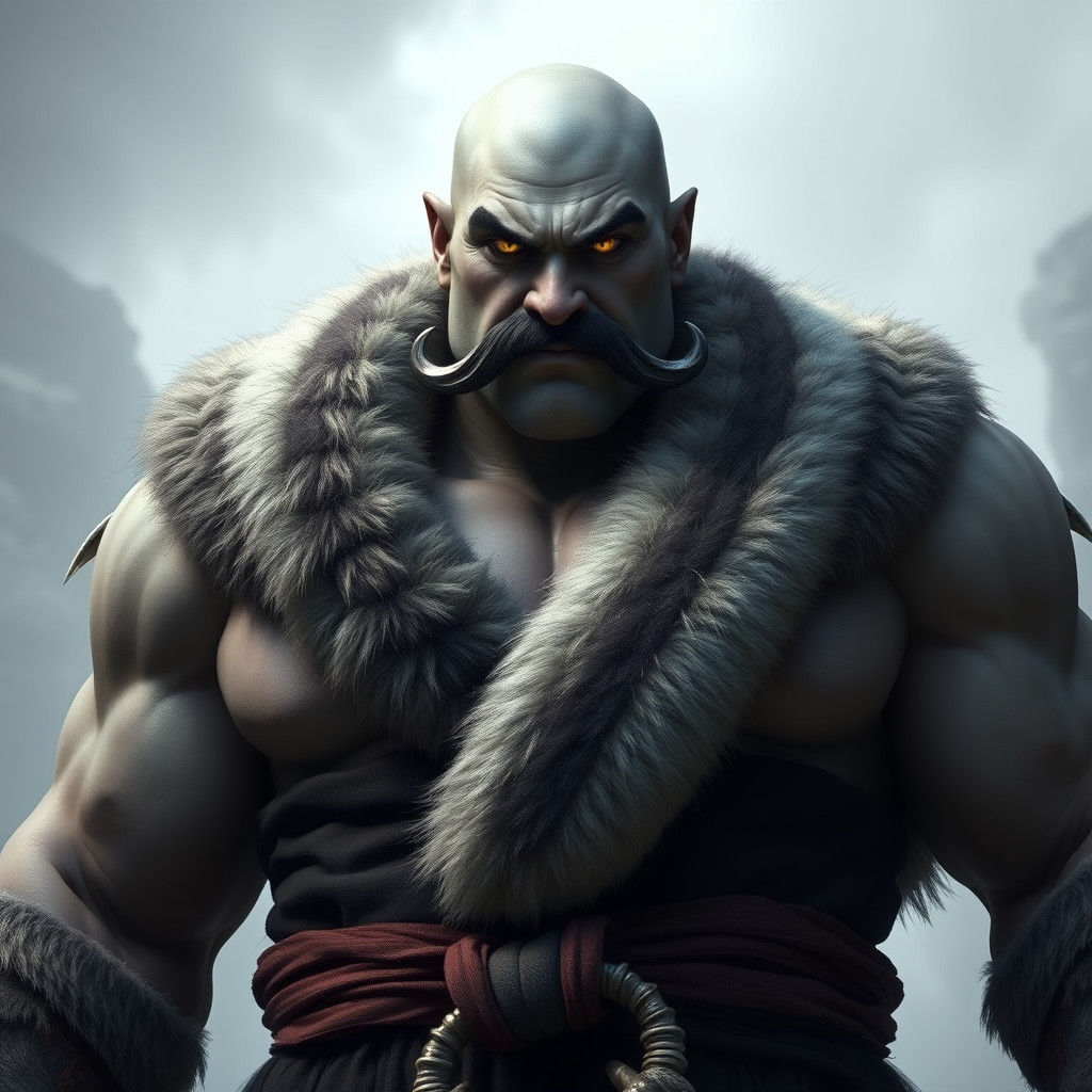 Imposing Muscle-Bound Figure with Piercing Yellow Eyes