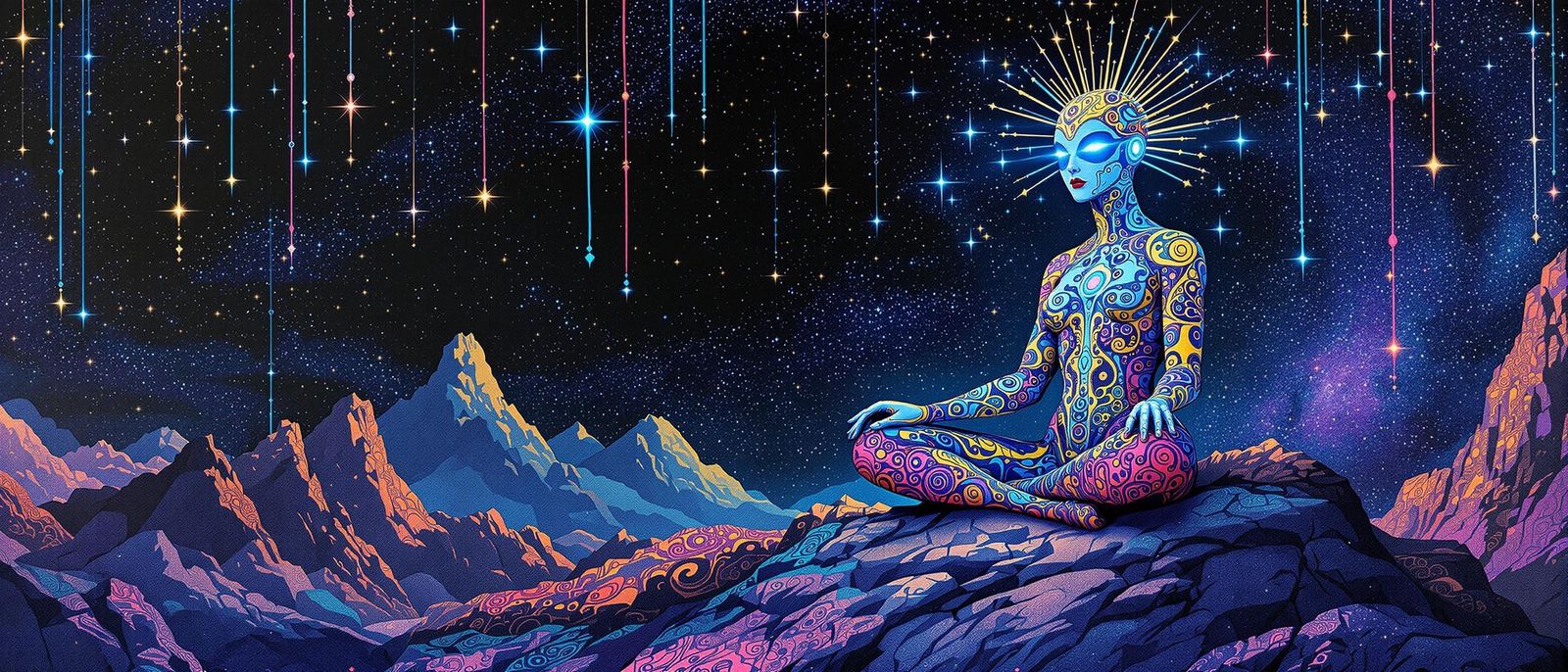 Cosmic Zentangle Being in Surreal Landscape