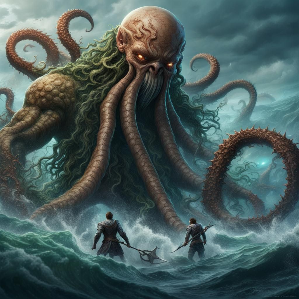 Giant Humanoid Battles Kraken in Deep Ocean