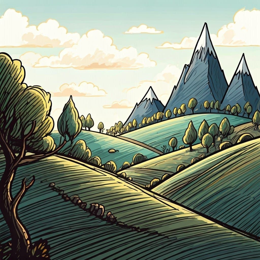 Whimsical Fantasy Landscape in Scribbled Watercolor Style