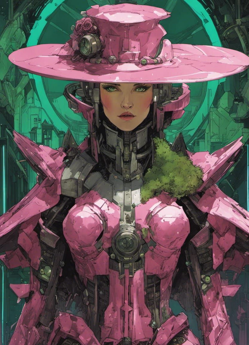 Pink and Green Mecha Witch in Futuristic Armor