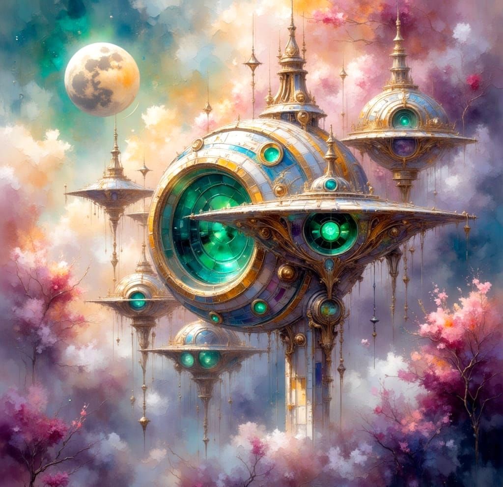 Magical Space Station in Watercolor Style