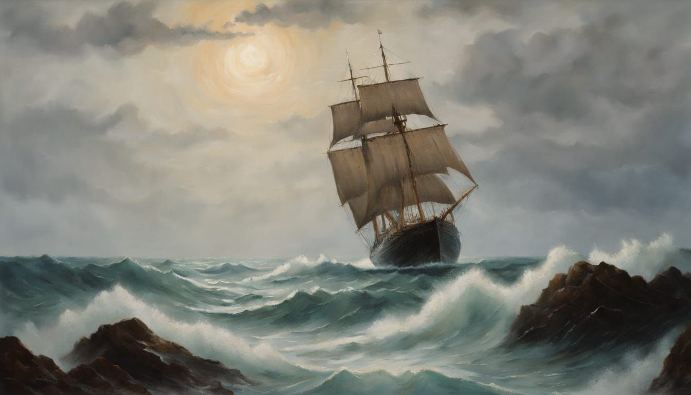 Majestic Lone Ship on Turbulent Waves