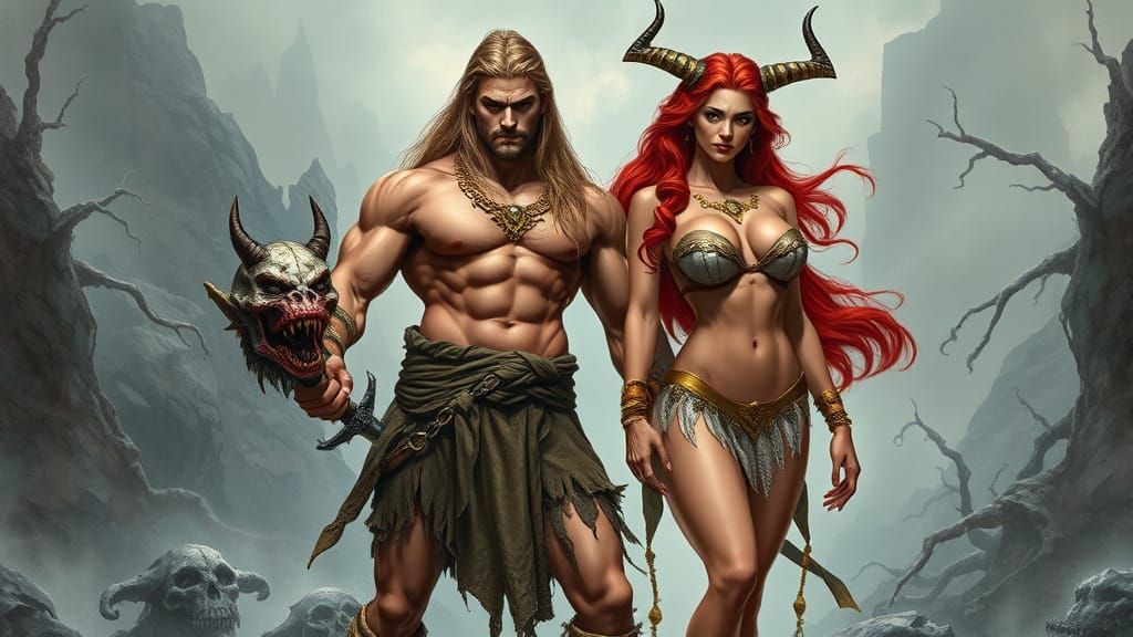 Fantasy Warrior Triumphs in Rugged, Mystical Landscape