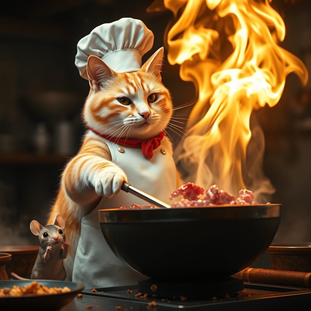 Sizzling Feline Chef Masterfully Stirs Shark Meat Wok in Vib...