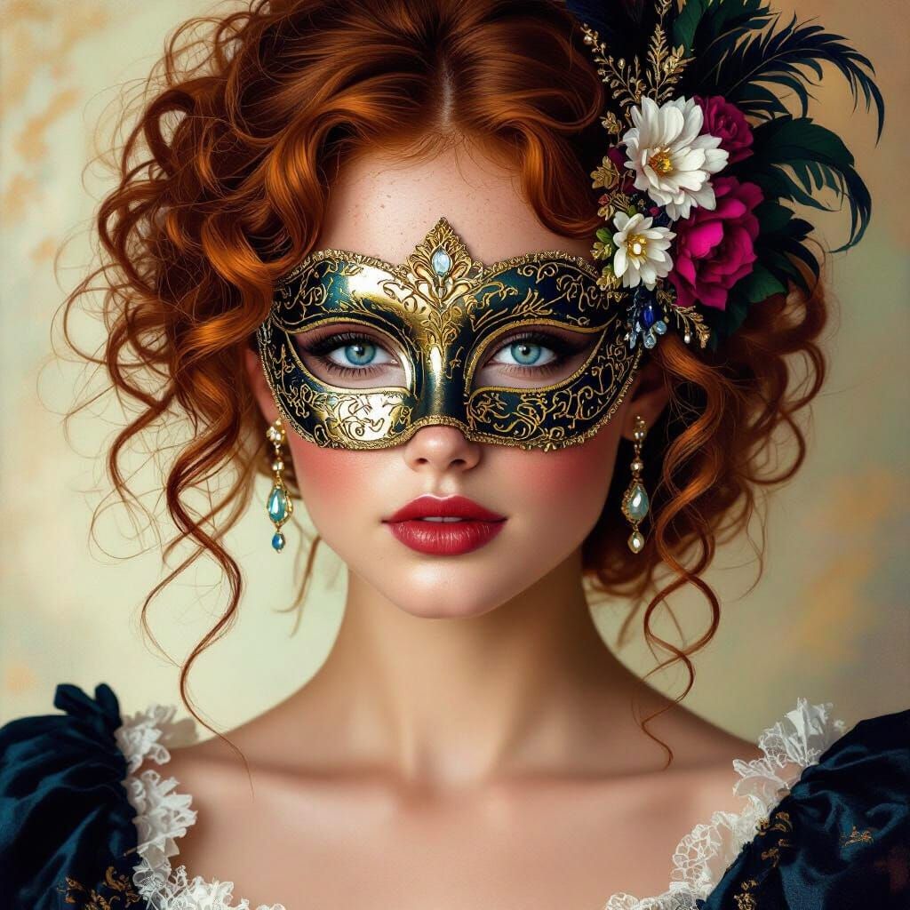 Woman in Ornate Masquerade Mask with Corsage