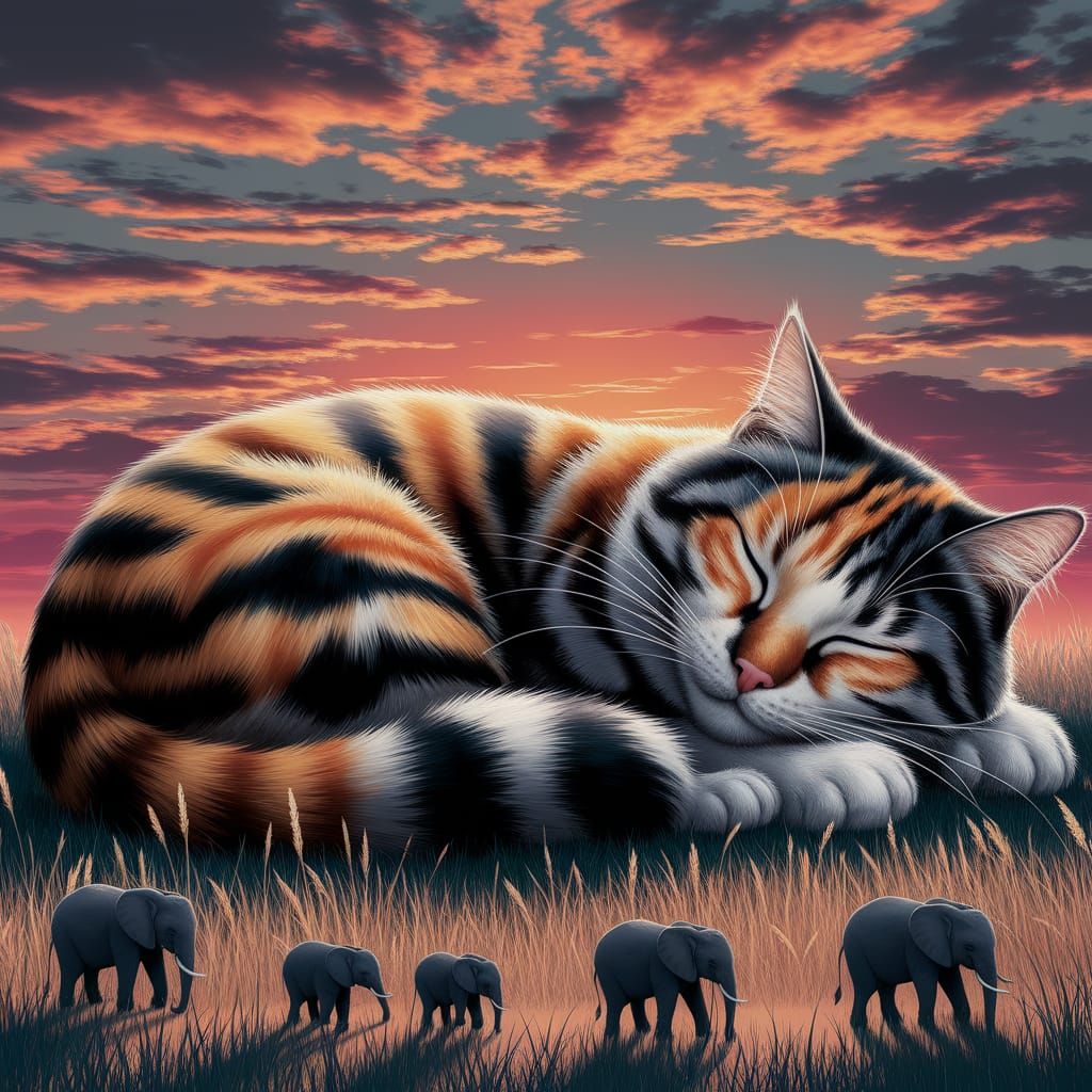 Colossal Calico Cat and Tiny Elephants at Sunset