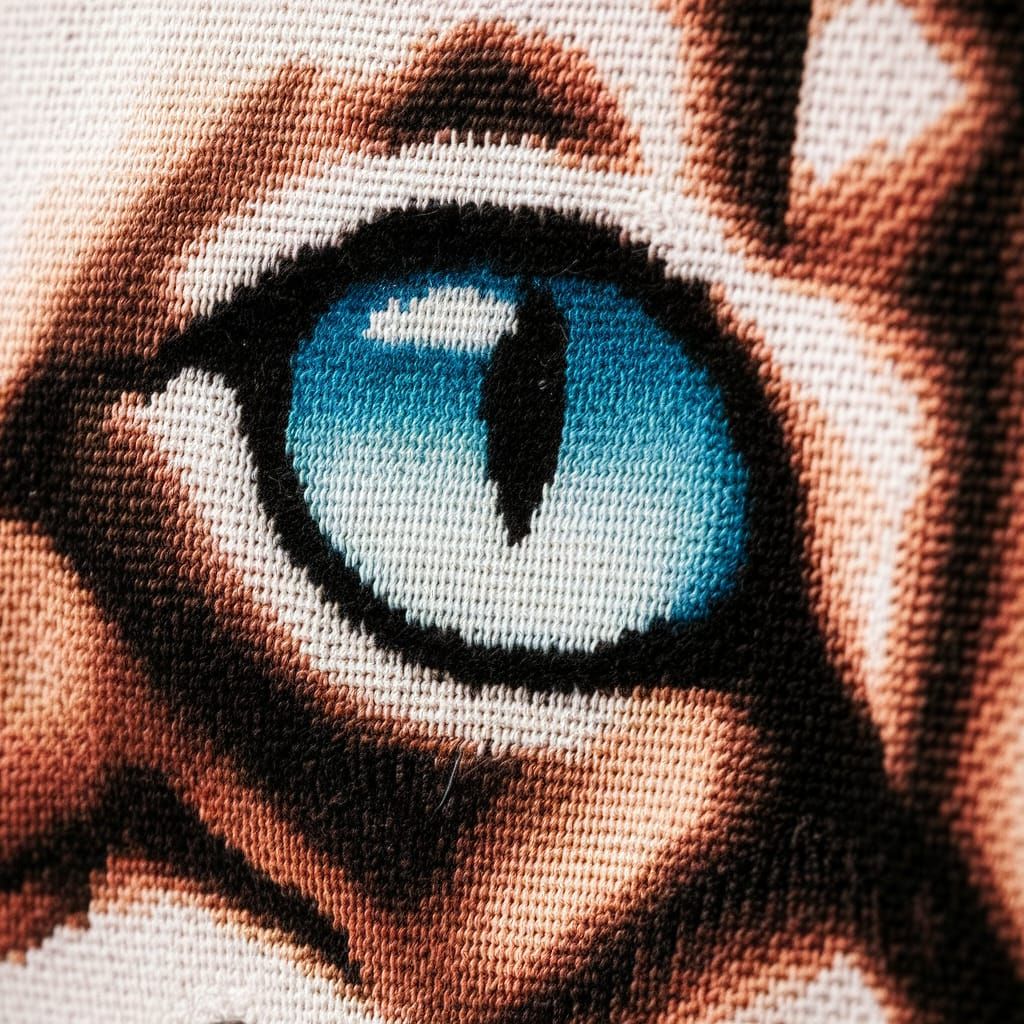 Intricate macro close up of a needlepoint siamese cat's eye