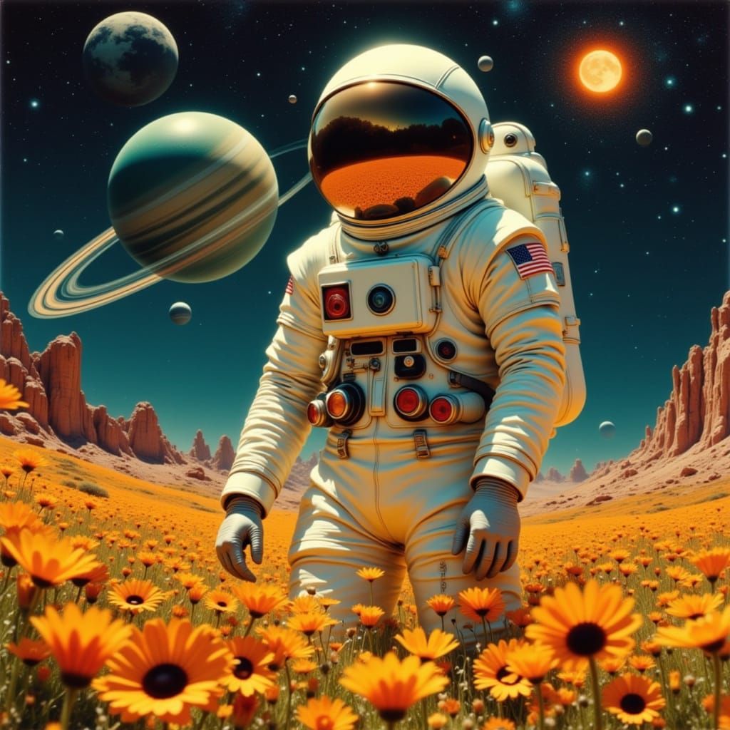 Astronaut in Glowing Meadow Under Saturn's Rings