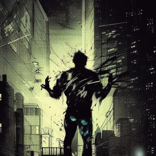 16k resolution, art by Simon Bisley, Carne Griffiths, and Ilya Kuvshinov. A lone hero, silhouetted against a moonlit cit...
