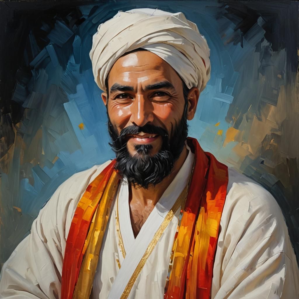 Serene Man with Red Shawl as Impasto Oil Painting