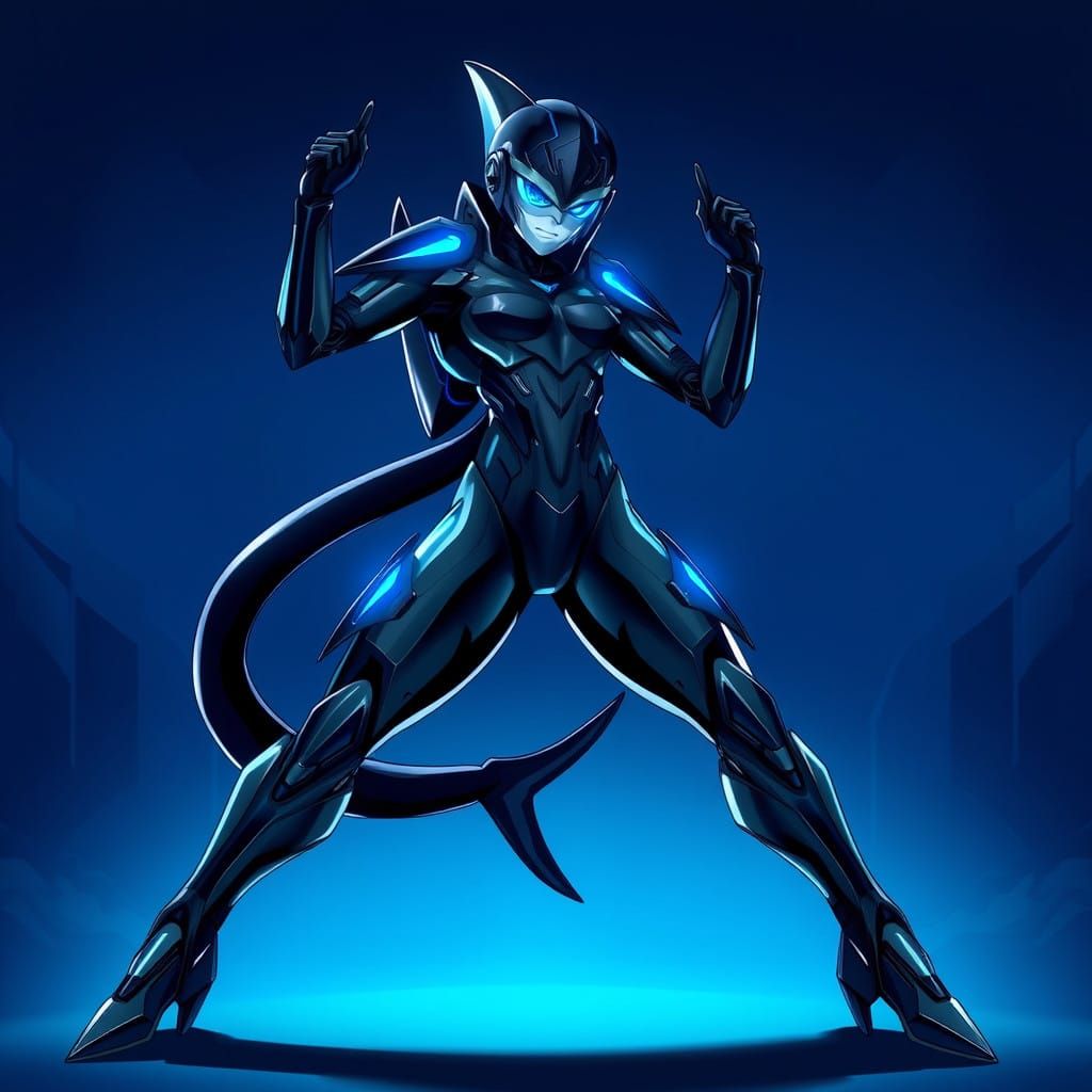 Cybernetic Shark Goddess in Anime-Inspired Exosuit