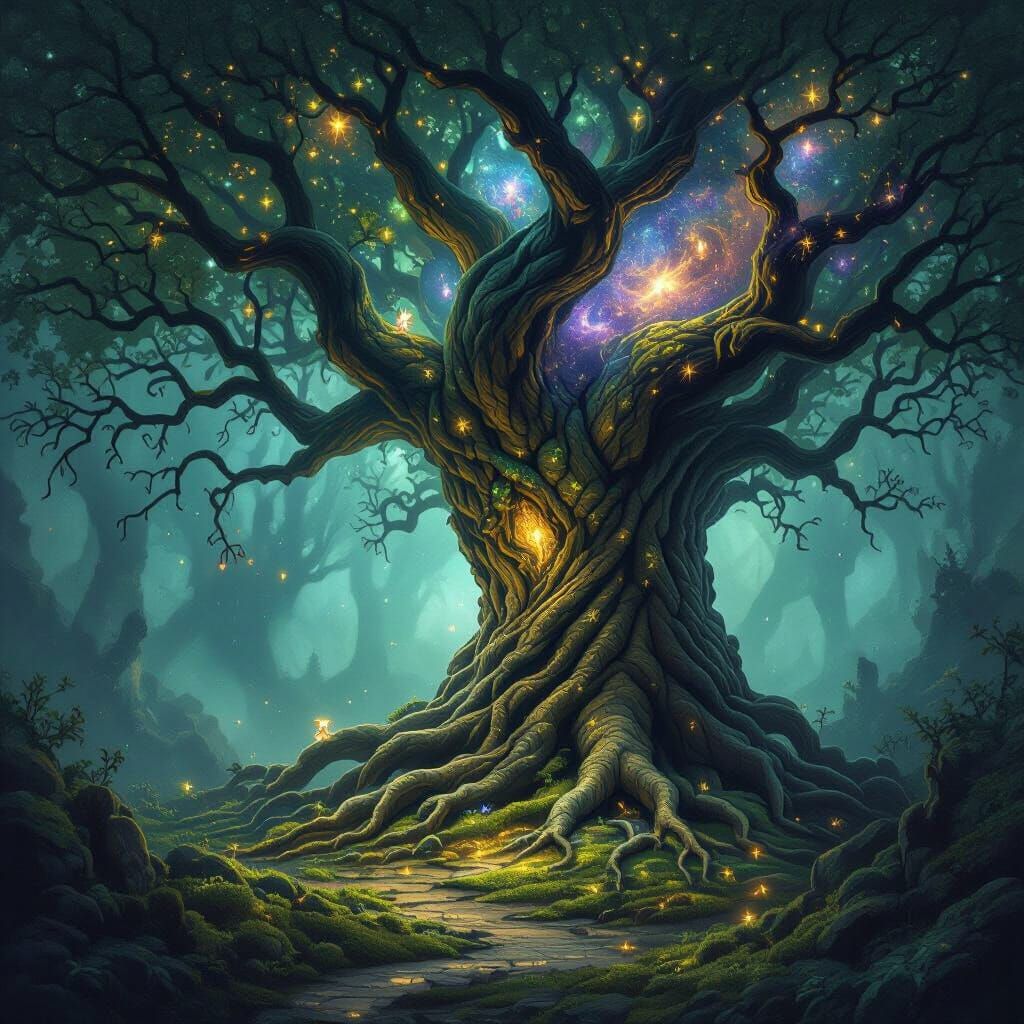 Ancient Cosmic Tree with Glowing Sprites in Dark Fantasy