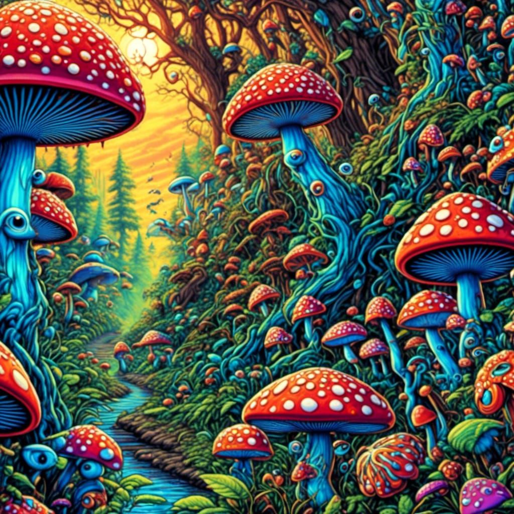 Psychedelic Forest: Glowing Mushrooms in Surreal Graffiti Ar...