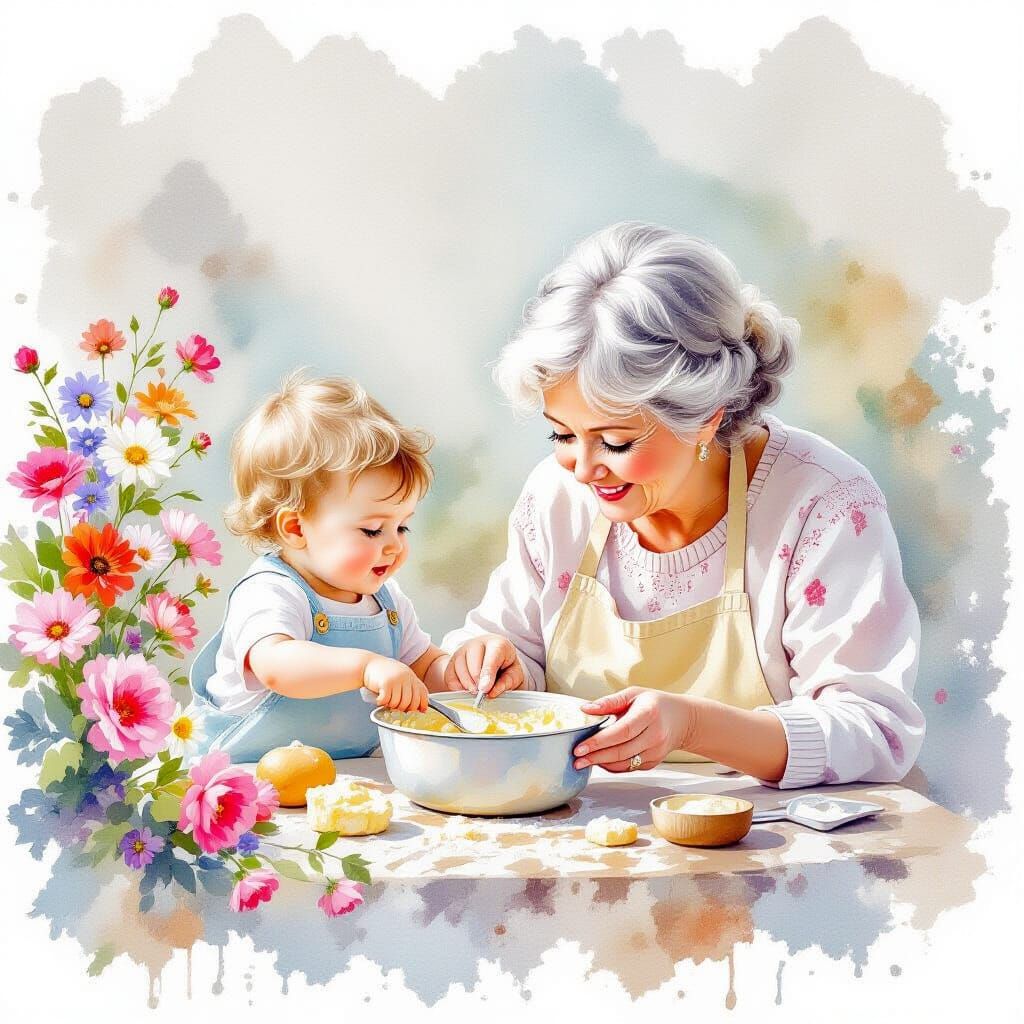 Ethereal Watercolour of Siblings Baking with Nana