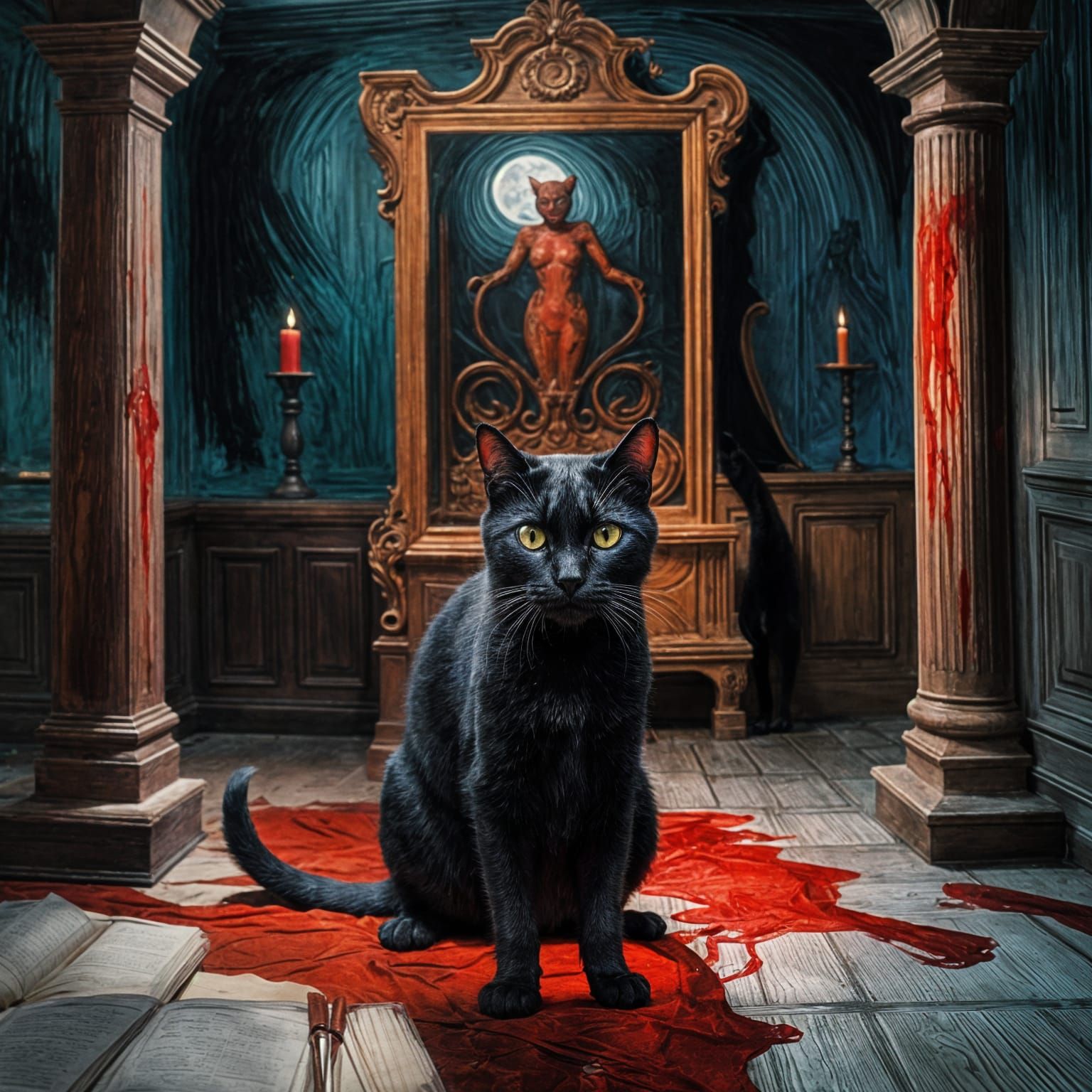 Terrifying Black Cat Covered in Blood: Horror Image