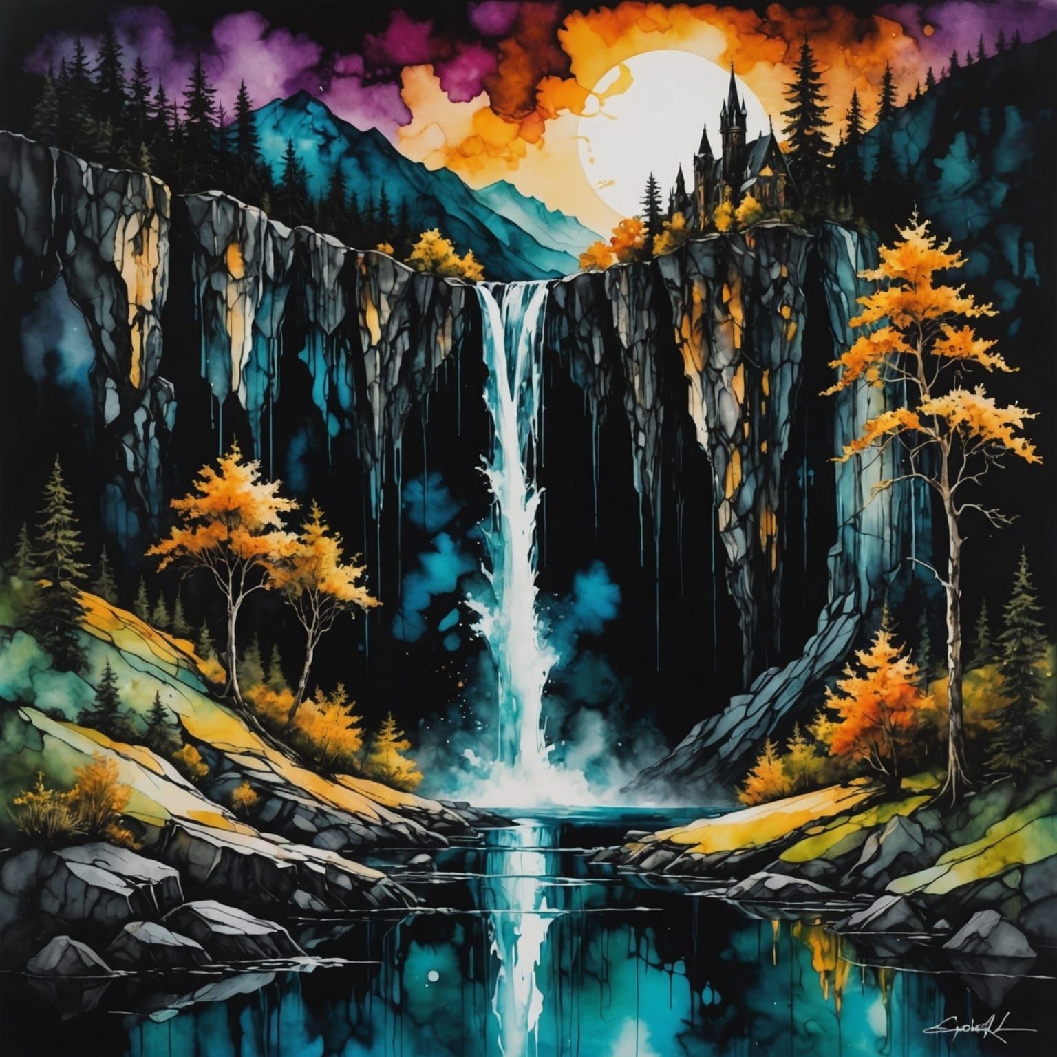 Gothic Black Waterfall in Alcohol Ink Style