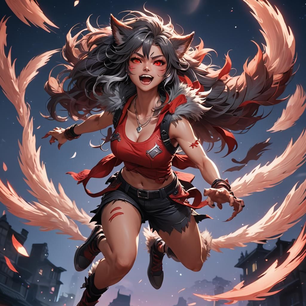 Teenage Werewolf Girl Transformation in Vibrant Anime Art