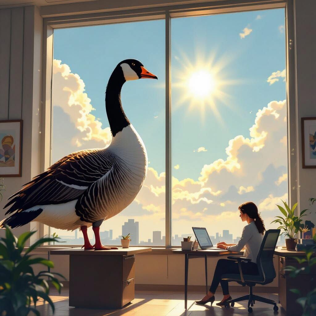 Majestic Goose Guardian Over Working Woman
