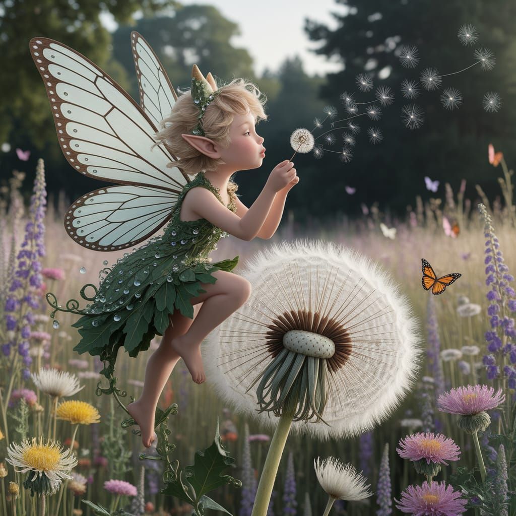 Pixie Blowing Dandelion Seeds in Wildflower Meadow