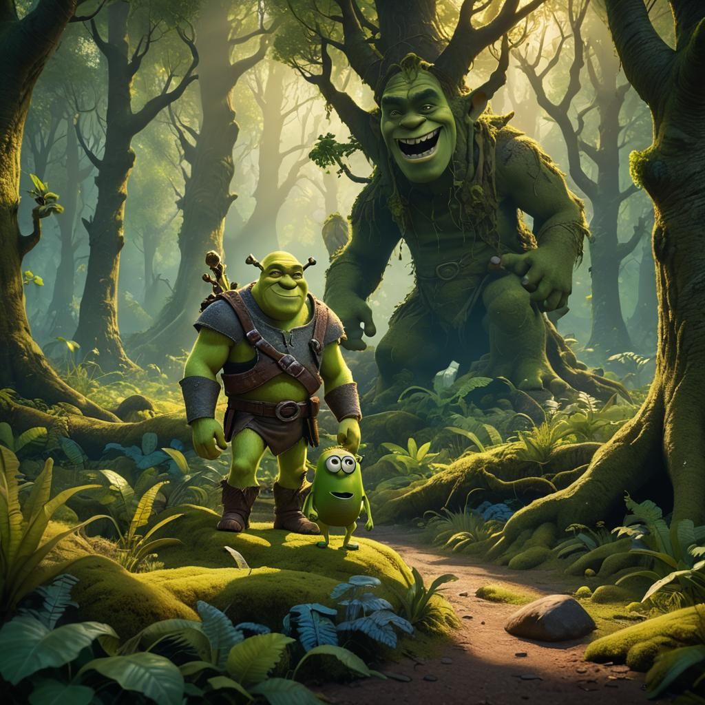 Shrek and Minion in Vibrant Fantasy Forest