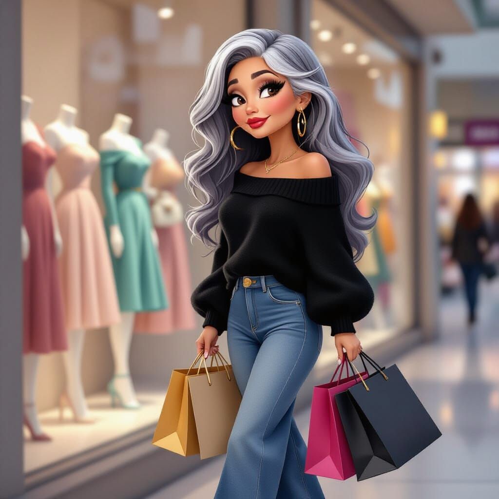 Sassy Latina Woman Shopping in Pixar Style